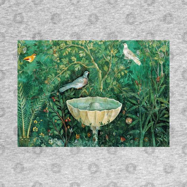 POMPEII COLLECTION,LITTLE BIRDS,DOVES AND FOUNTAIN IN GARDEN ,GREEN FLORAL by BulganLumini